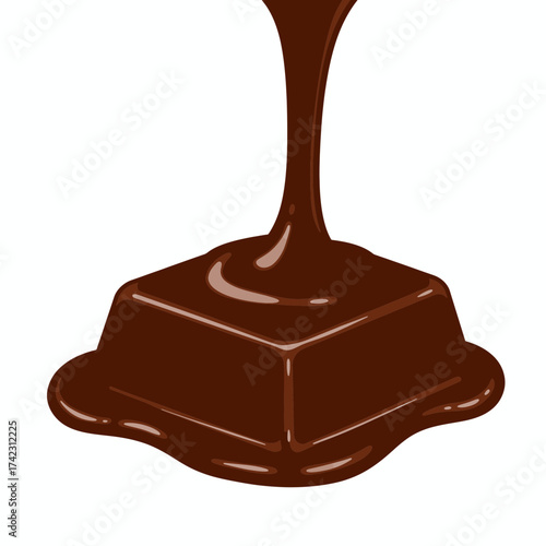 Chocolate melting over a square piece on a white background