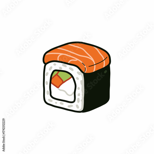 Sushi roll with salmon and avocado on white background