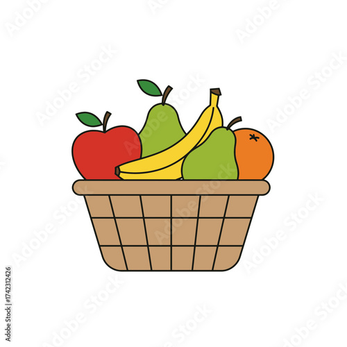 Colorful fruit basket with apples bananas and pears on white background