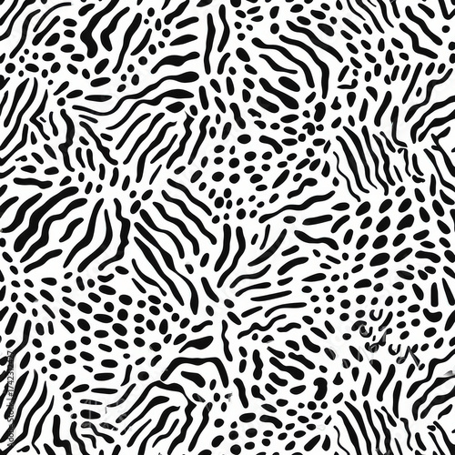 Seamless zebra skin pattern with isolated abstract hand drawn art wild leopard animal tiger skin background elements in black and white colors.Leopard , zebra and tiger mix furry skin seamless pattern