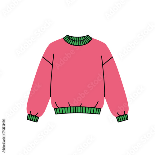 Pink sweater with green striped neckline and cuffs isolated on white