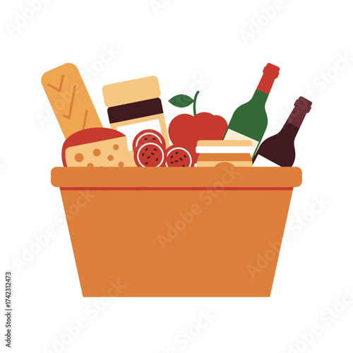 assorted cheeses and beverages in a shopping basket
