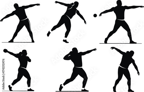 Shot put and discus throw silhouette, athlete in motion, sports technique, dynamic movement, track and field, strength, power, training, competition