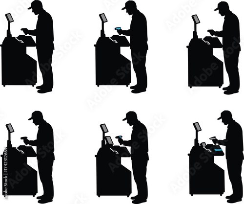 Self-checkout, interaction, silhouettes, step, by, step, retail, process, customer, scanning, items, touching, screen, mobile, payment, blue, device, minimalist, figures, set