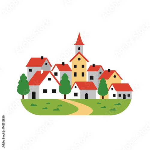 Small village with houses and trees in bright colors