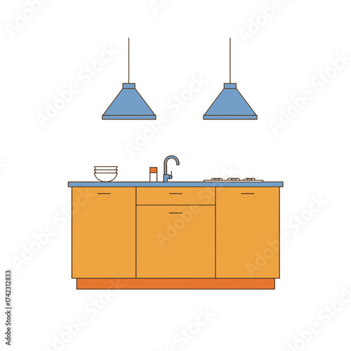 Kitchen cabinet with hanging pendant lights and stove