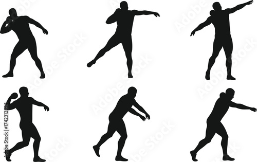Shot put silhouette, athlete in motion, sports technique, dynamic throw, track and field, strength, power, training, competition, biomechanics, action pose, throwing form