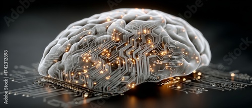 Bridging biological and digital: an exploration of seamless integration. Fantasy poster. Enhanced imagery showcases brain with circuits for advanced ai interaction. Blockbuster art.