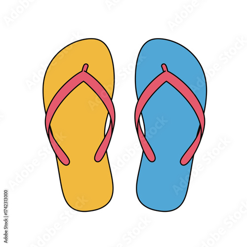 Colorful flip-flops with yellow and blue soles and red straps