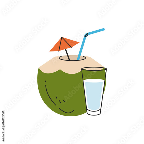 Coconut drink with straw and umbrella on white background
