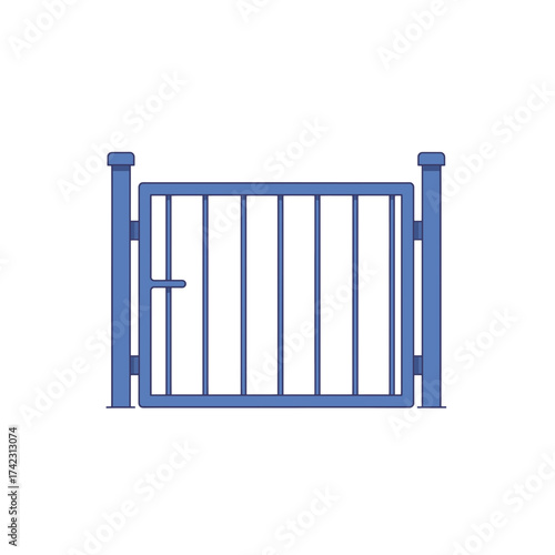 Metal gate with vertical bars and posts in blue color