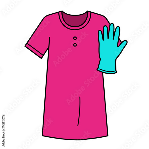Pink medical gown with a blue glove isolated on white background