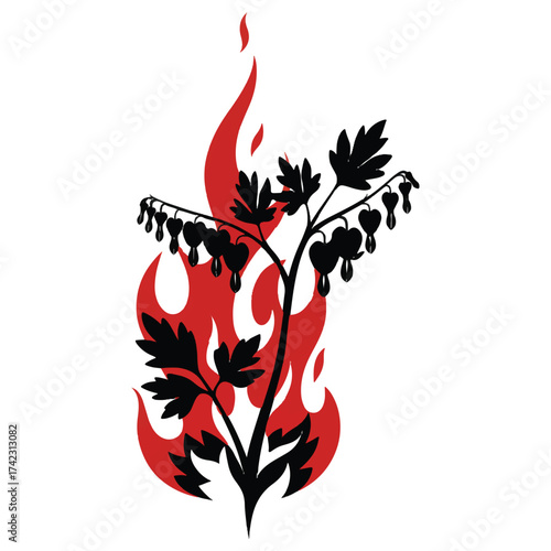 Bleeding Heart Flower Silhouette with Red Flames Design on White Background
