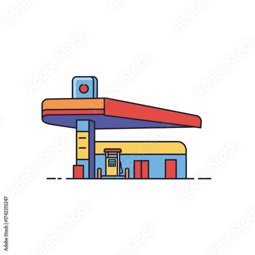 Colorful gas station with canopy and pumps for refueling vehicles