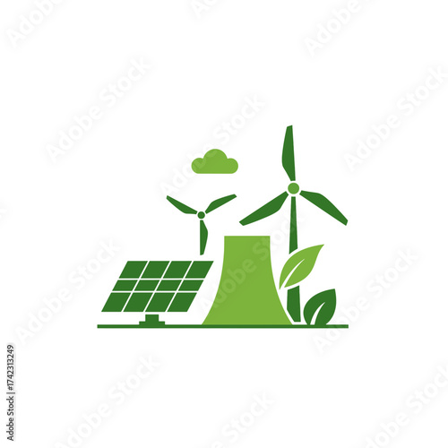 wind turbines solar panel and cooling tower with leaf accents for renewable energy