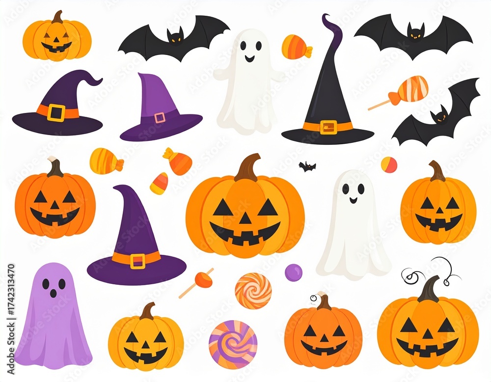 Fototapeta premium Halloween Icons Set, Pumpkin, Ghost, Bat, Flat Illustration, Spooky Holiday