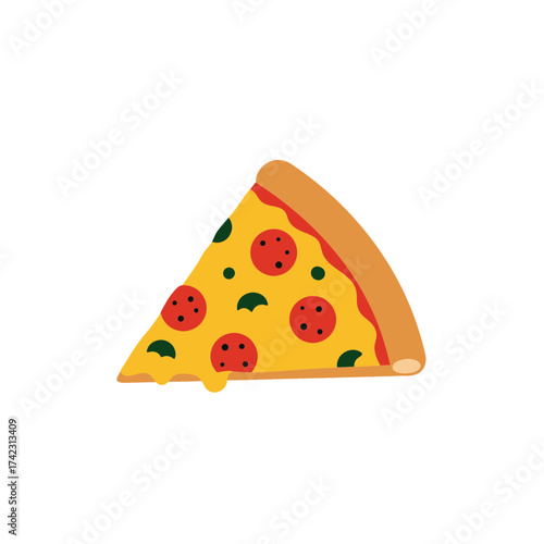 Slice of pepperoni pizza with cheese and toppings on white background