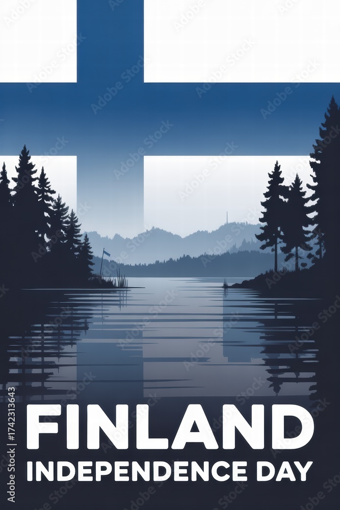 Fototapeta premium Finland Independence Day poster featuring serene lake and forest 