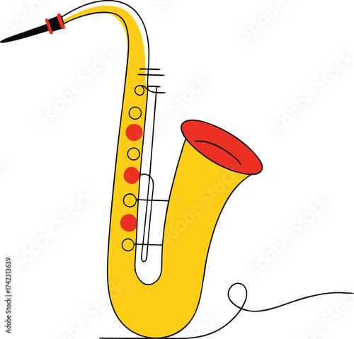 Stylized yellow saxophone with red accents on white background musical instrument music vector illustration EPS file download.
