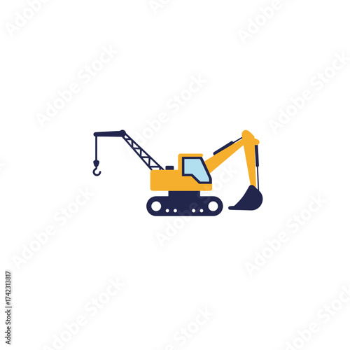 Construction excavator with a crane and bucket on a white background