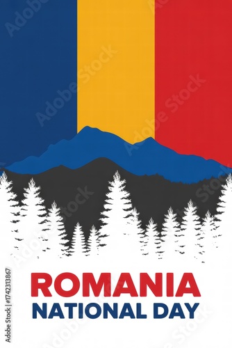 Romania National Day celebration poster with mountains and trees  