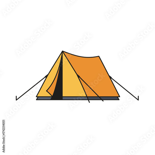 Colorful camping tent with stakes and fabric flaps for outdoor recreation