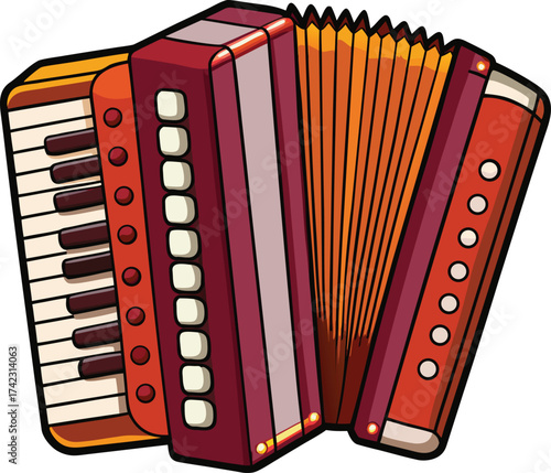 Accordion musical instrument with keys and bellows accordion, musical instrument vector illustration EPS file download.
