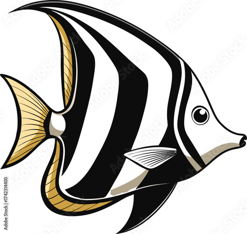 Black and white striped Moorish Idol fish illustration marine life ocean vector illustration EPS file download.
