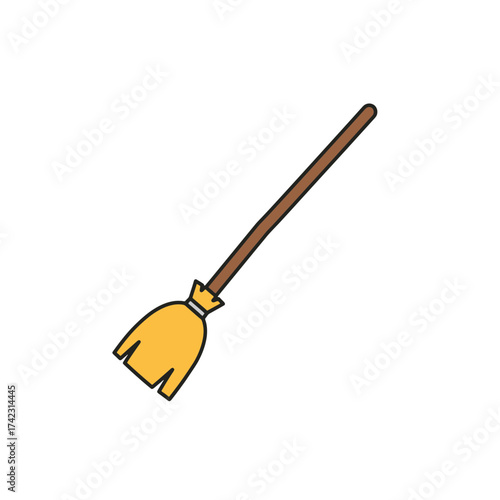 house cleaning broom with yellow dustpan and brown handle
