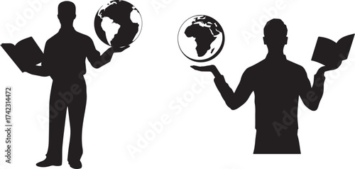 Global education concept silhouette of people holding world globe and book image