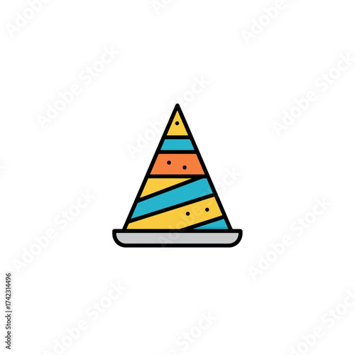 Colorful party hat with stripes and small dots on a white background