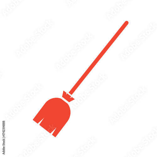 red broom with long handle for cleaning and sweeping