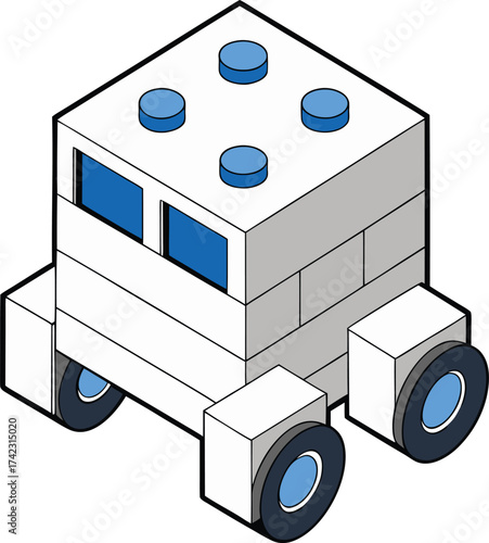 Isometric Cartoon Robot Vehicle Made Of Blocks truck vector illustration EPS file download.
