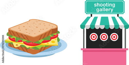 Colorful sandwich and shooting gallery booth illustration, fun fair food and carnival game concept, flat vector design for entertainment