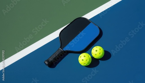 Pickleball paddle with neon balls on colorful court, concept of modern sport, fitness and recreation