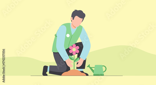 A man kneels in the soil, carefully planting a vibrant pink flower, with a watering can nearby, symbolizing growth and nurturing.