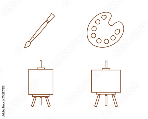 Art tools brown linear icons set