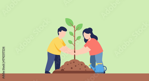 A man and a woman work together to plant a young tree, symbolizing environmental care and growth.