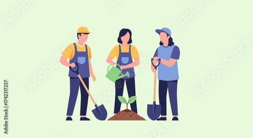 Three people are working together to plant a small seedling, with one person watering it while others hold shovels, symbolizing teamwork in gardening.