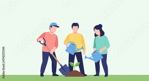 Three people collaborate to plant a small sapling in fertile soil, with one digging and the others watering the new growth.
