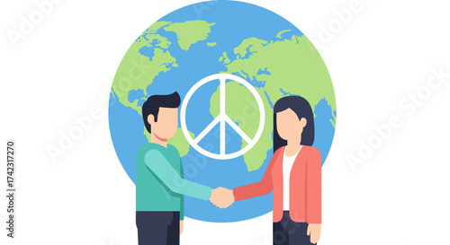 A man and a woman shake hands in front of a world map and a peace symbol, representing international cooperation and harmony.