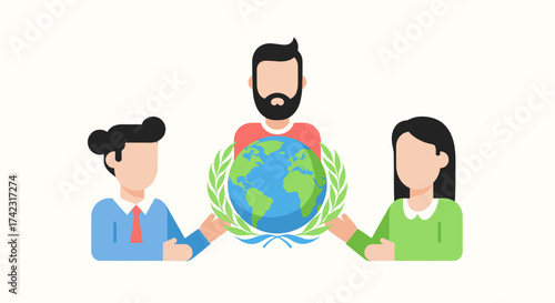 Three diverse people holding hands around a globe with a laurel wreath, symbolizing global unity and international cooperation.