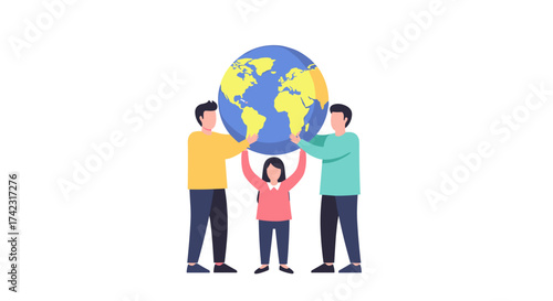 A diverse group of people, two men and a girl, collaboratively holding up a large globe, symbolizing unity and global responsibility.