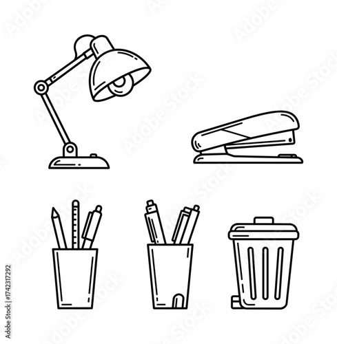Office Desk Supplies Line Icons