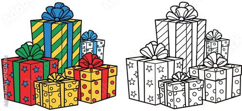 Colorful Gift Boxes Set: Vibrant Presents and Outline Version for Celebrations and Holidays