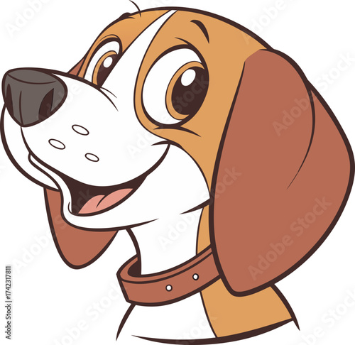 Happy beagle dog cartoon illustration, puppy face with an open mouth and large expressive eyes, vector doodle art. Funny pet