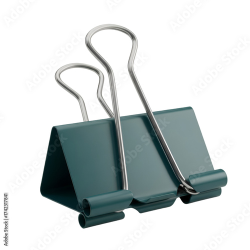 Teal binder clip with silver handles isolated on transparent background