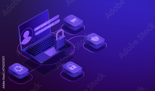Security account isometric vector banner with laptop and padlock for safety and protection of personal data in technology blue style.