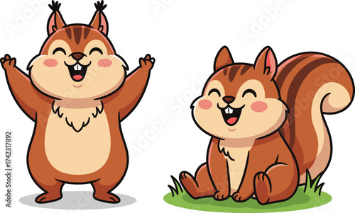Cute cartoon squirrels happy smiling together on white background, adorable forest animals illustration, cheerful wildlife character design for kids
