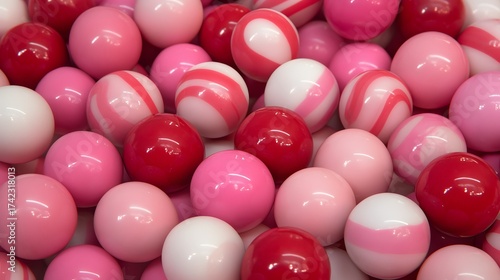 Pile of Pink and Red Round Gumballs Candy Sweet Treat Close Up